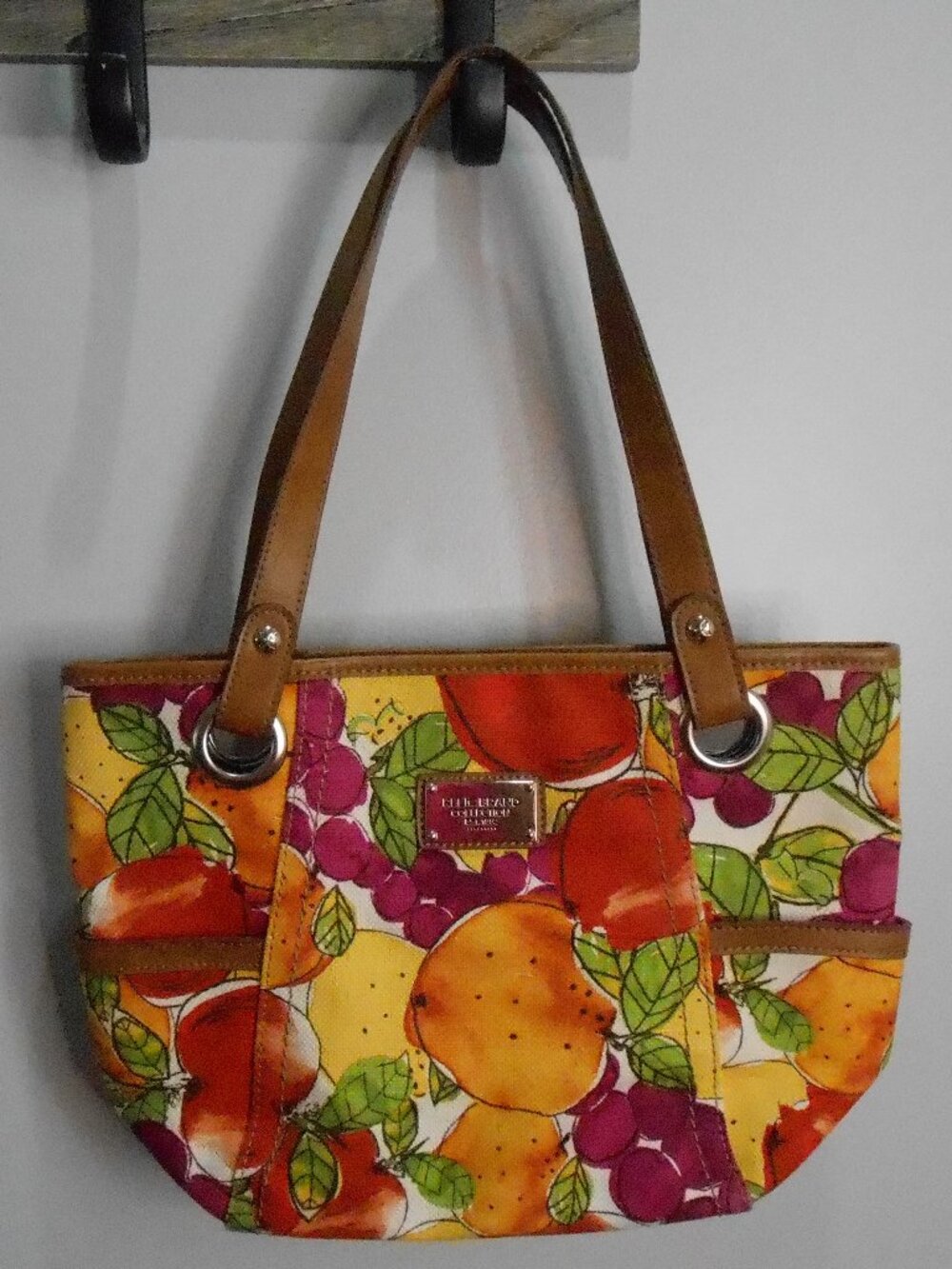 Relic by Fossil Decorative Fruit Canvas Double Handled Purse Faux Leather Trim